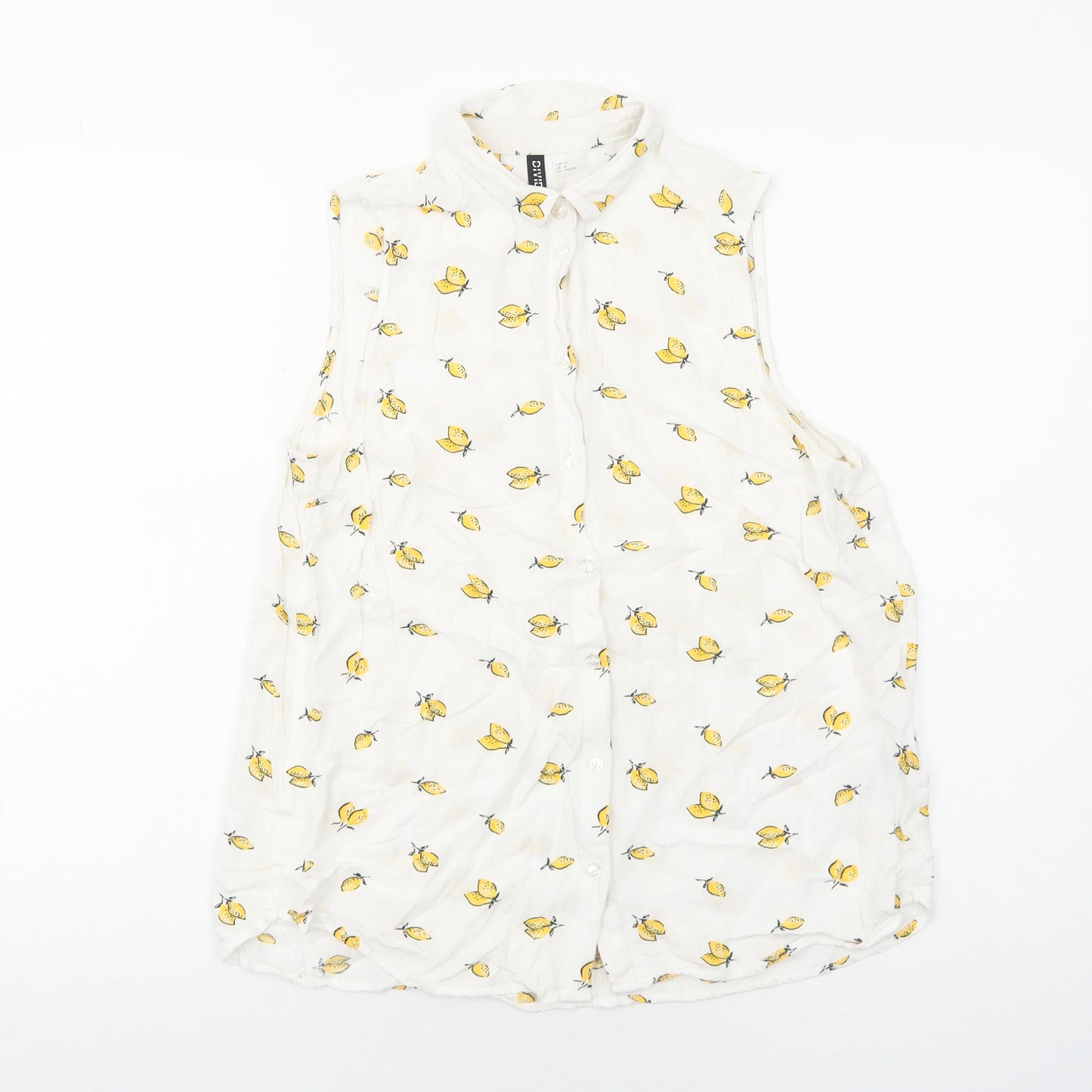 H&M Womens White Geometric Viscose Basic Button-Up Size 8 Collared - Lemon Pattern