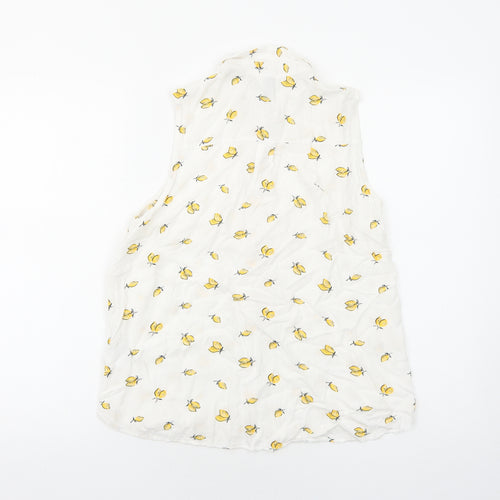 H&M Womens White Geometric Viscose Basic Button-Up Size 8 Collared - Lemon Pattern