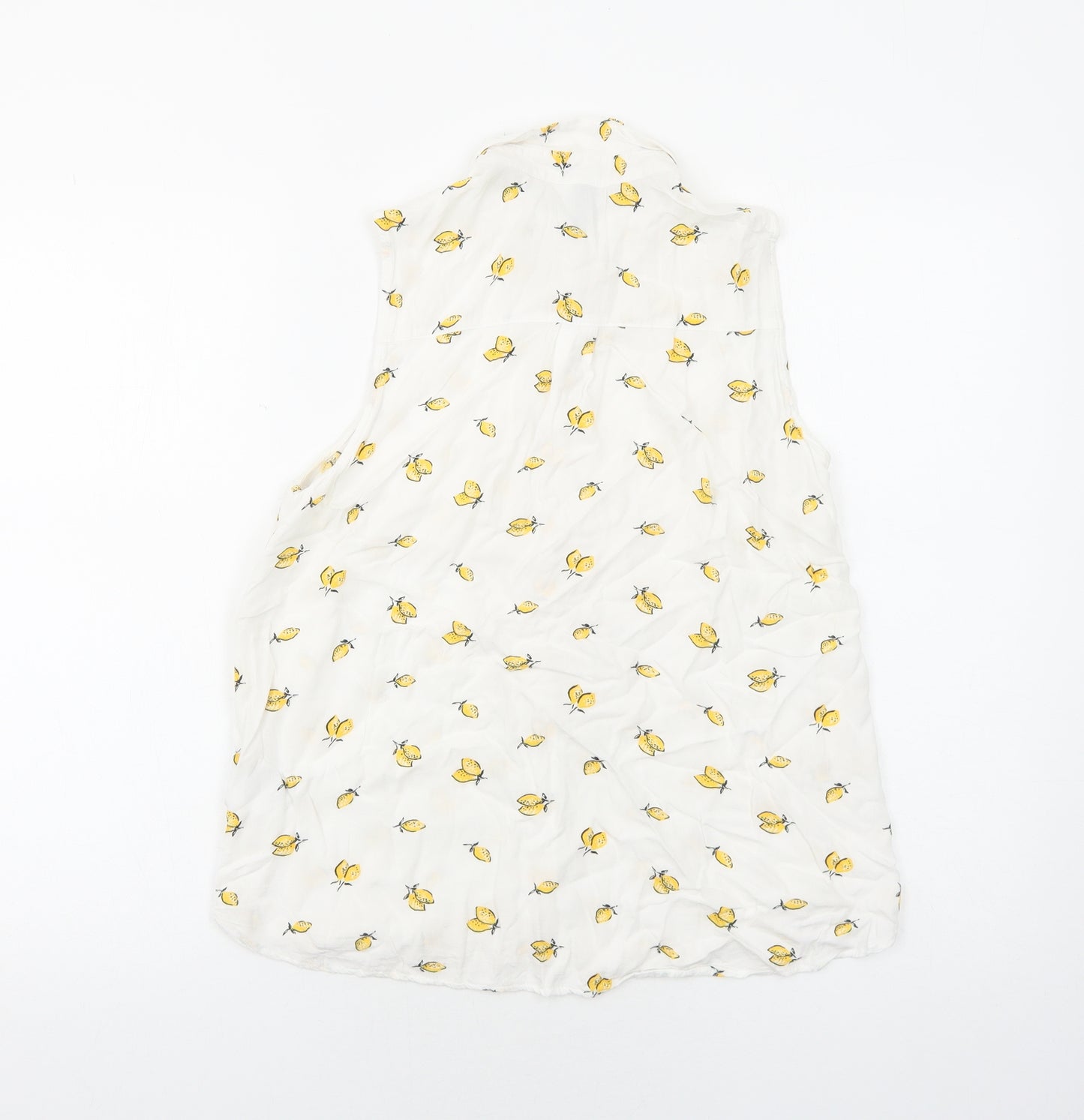 H&M Womens White Geometric Viscose Basic Button-Up Size 8 Collared - Lemon Pattern
