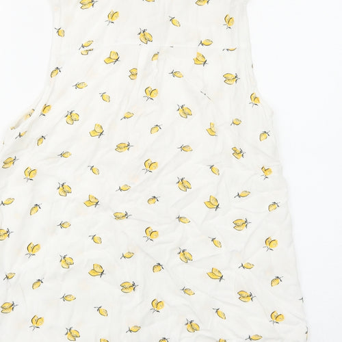 H&M Womens White Geometric Viscose Basic Button-Up Size 8 Collared - Lemon Pattern