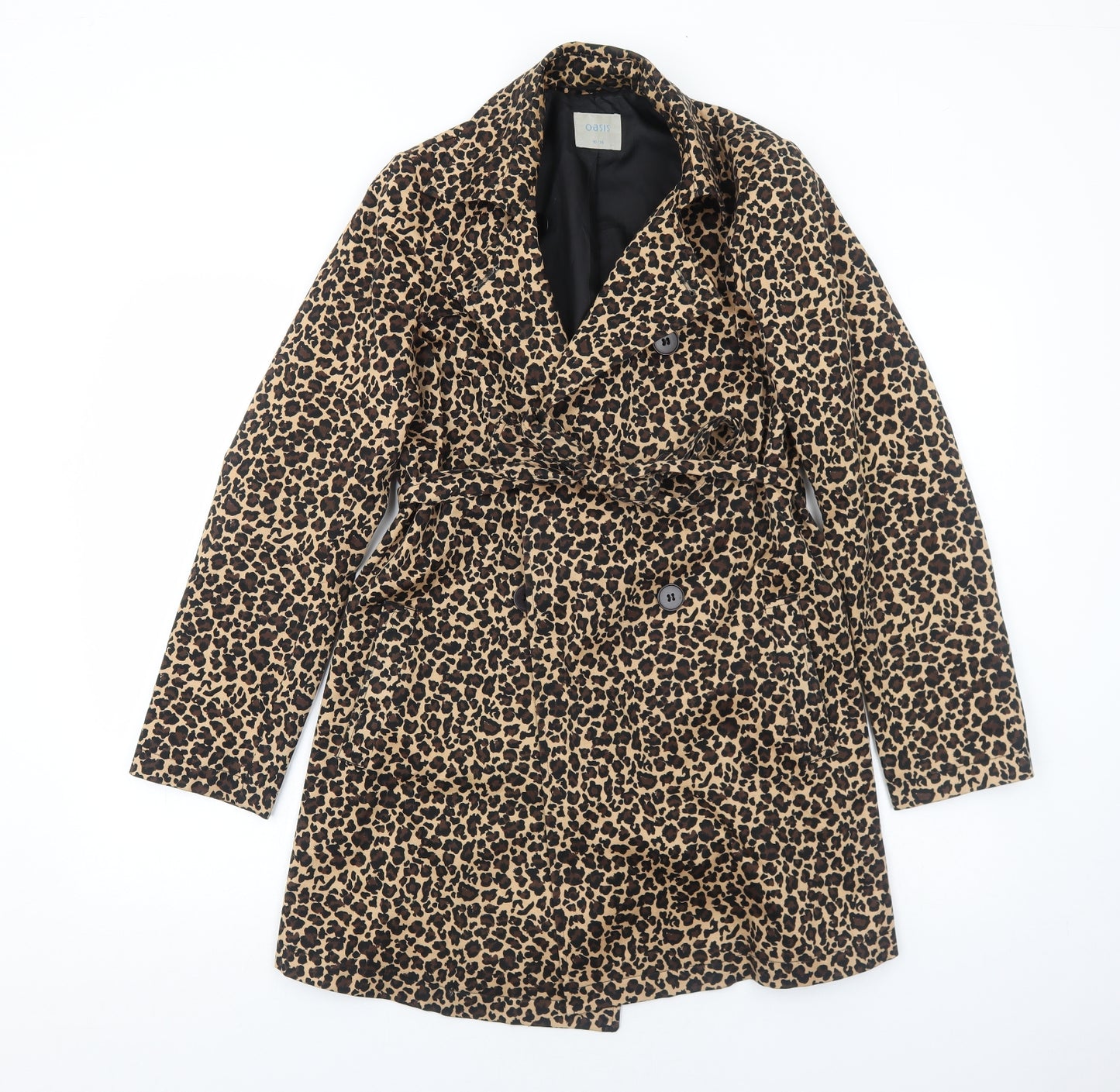 Oasis Womens Brown Animal Print Trench Coat Coat Size 10 Button - Leopard Print