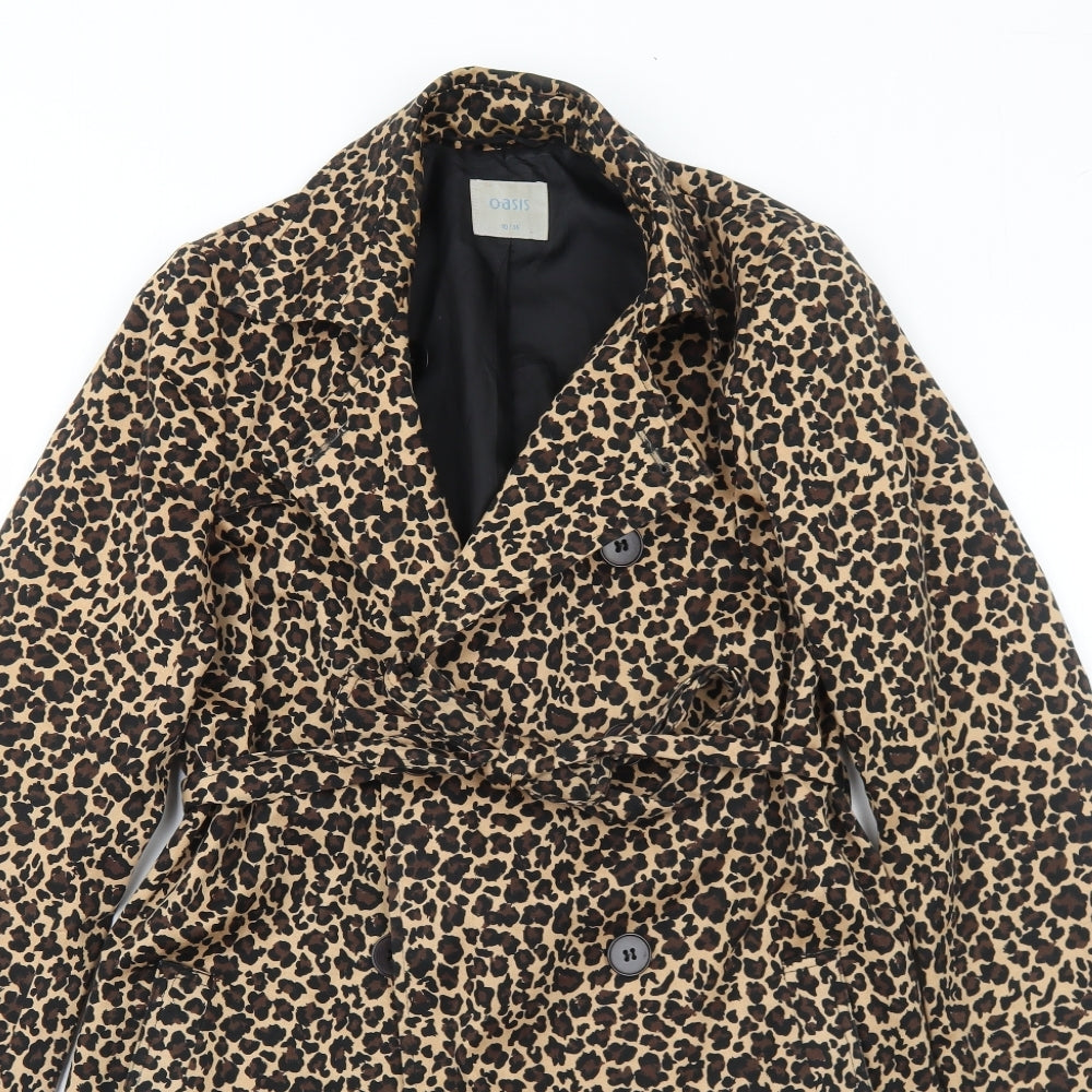 Oasis Womens Brown Animal Print Trench Coat Coat Size 10 Button - Leopard Print