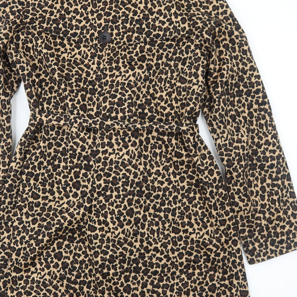 Oasis Womens Brown Animal Print Trench Coat Coat Size 10 Button - Leopard Print