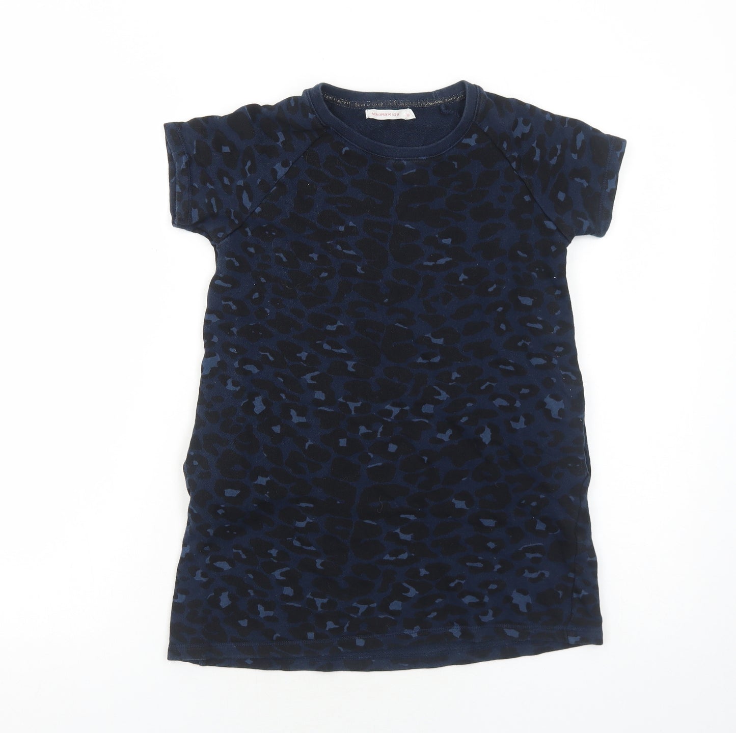 Monoprix Girls Blue Animal Print Cotton T-Shirt Dress Size 8 Years Scoop Neck Pullover - Leopard Print