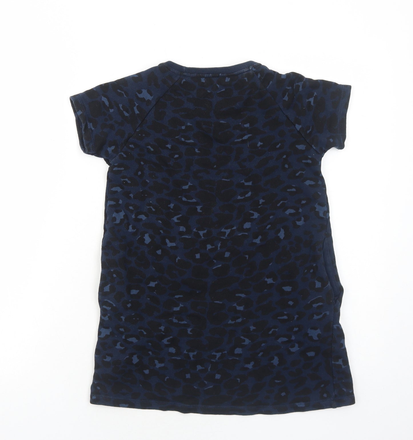 Monoprix Girls Blue Animal Print Cotton T-Shirt Dress Size 8 Years Scoop Neck Pullover - Leopard Print