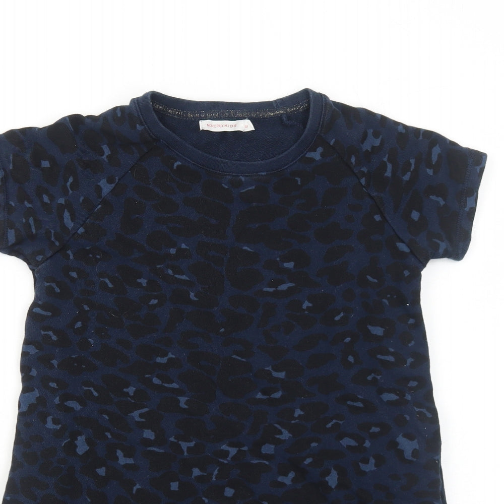 Monoprix Girls Blue Animal Print Cotton T-Shirt Dress Size 8 Years Scoop Neck Pullover - Leopard Print