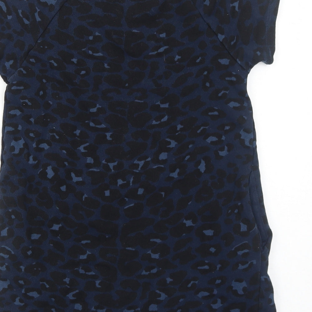 Monoprix Girls Blue Animal Print Cotton T-Shirt Dress Size 8 Years Scoop Neck Pullover - Leopard Print
