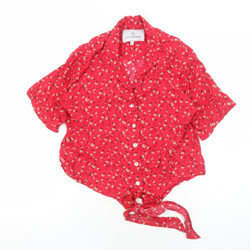 Loststock Womens Red Floral Viscose Basic Button-Up Size S Collared - Knot Front