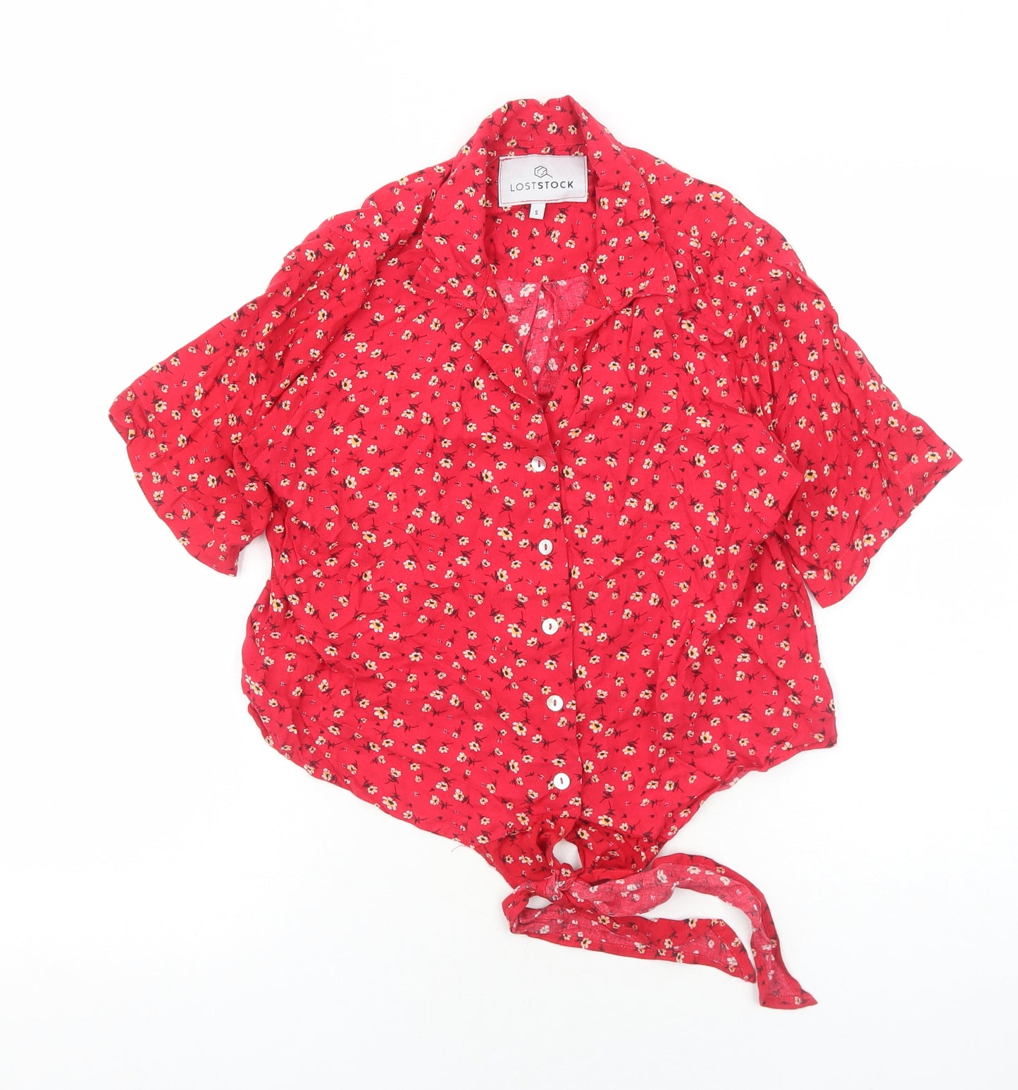 Loststock Womens Red Floral Viscose Basic Button-Up Size S Collared - Knot Front