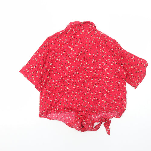 Loststock Womens Red Floral Viscose Basic Button-Up Size S Collared - Knot Front