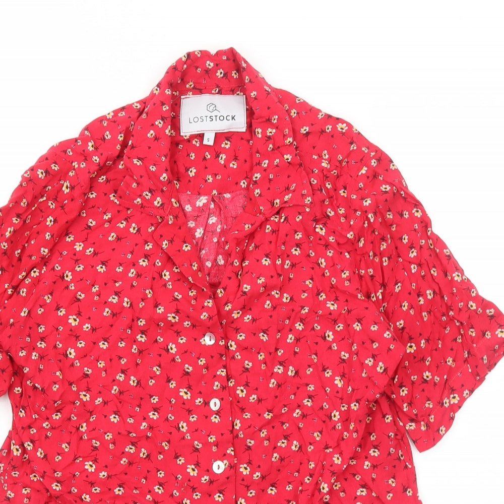 Loststock Womens Red Floral Viscose Basic Button-Up Size S Collared - Knot Front