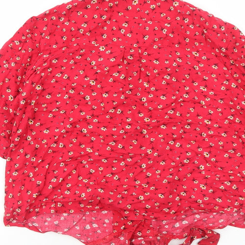 Loststock Womens Red Floral Viscose Basic Button-Up Size S Collared - Knot Front