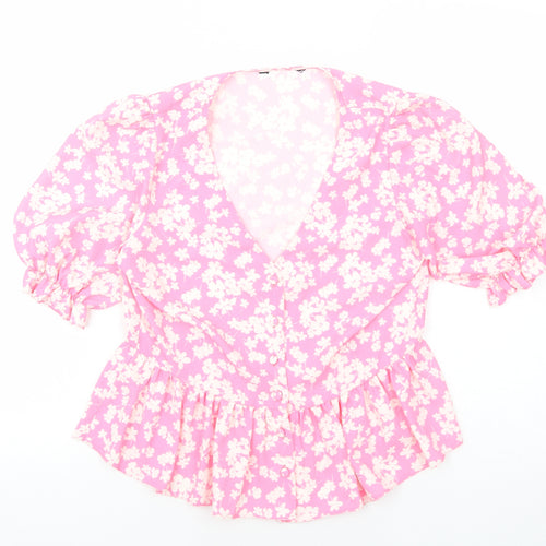 Preworn Womens Pink Floral Polyester Basic Button-Up Size M V-Neck