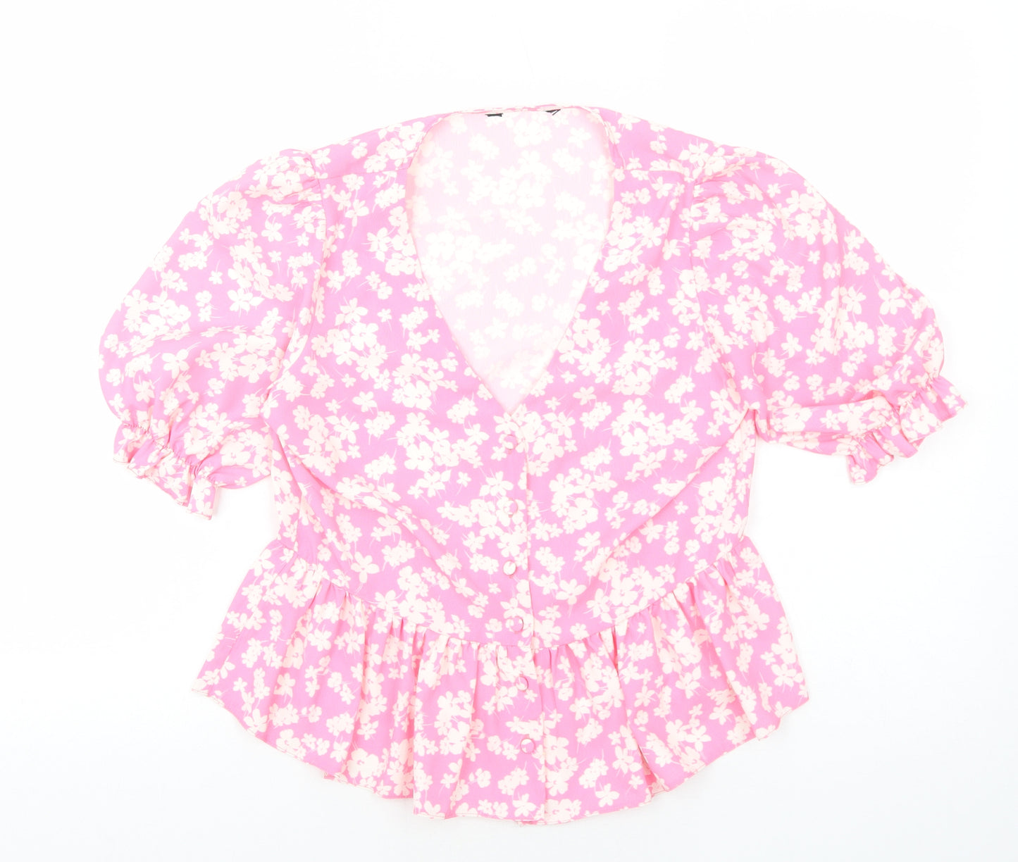 Preworn Womens Pink Floral Polyester Basic Button-Up Size M V-Neck