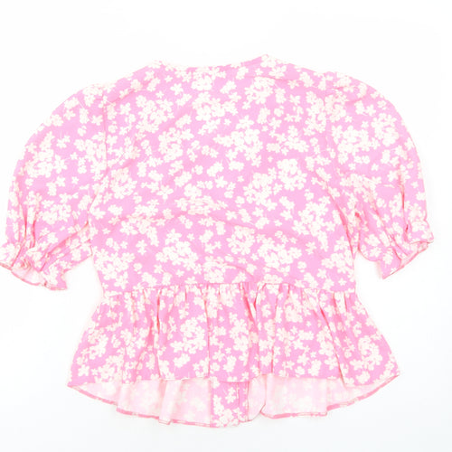 Preworn Womens Pink Floral Polyester Basic Button-Up Size M V-Neck