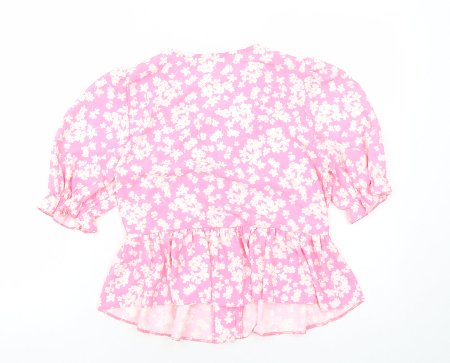Preworn Womens Pink Floral Polyester Basic Button-Up Size M V-Neck