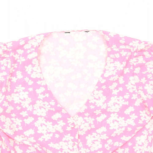 Preworn Womens Pink Floral Polyester Basic Button-Up Size M V-Neck