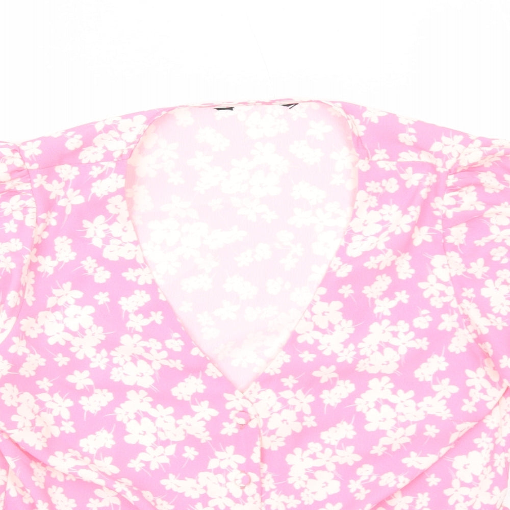 Preworn Womens Pink Floral Polyester Basic Button-Up Size M V-Neck