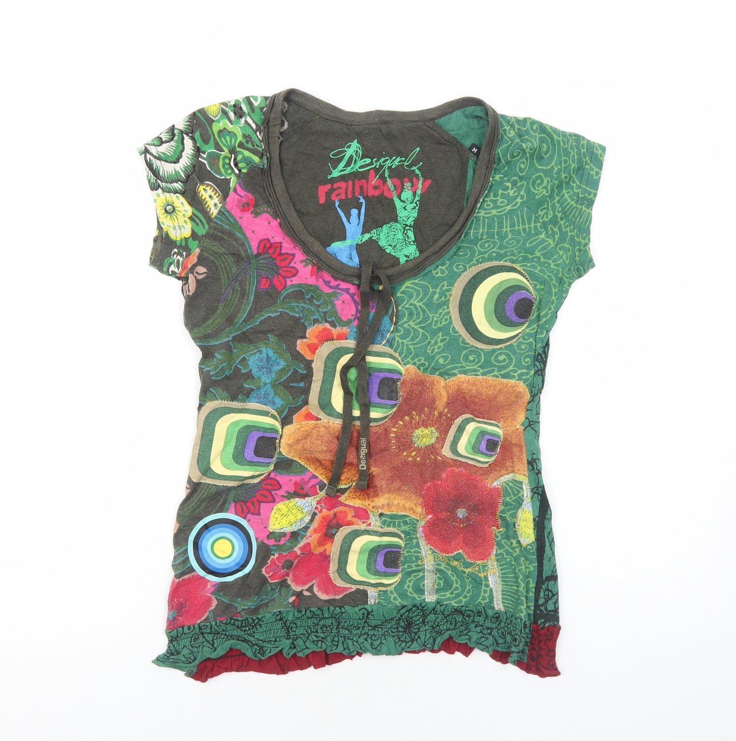 Desigual Womens Green Geometric Cotton Basic T-Shirt Size M Scoop Neck