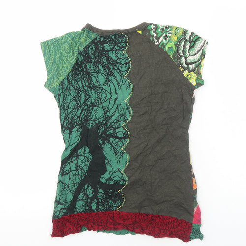 Desigual Womens Green Geometric Cotton Basic T-Shirt Size M Scoop Neck