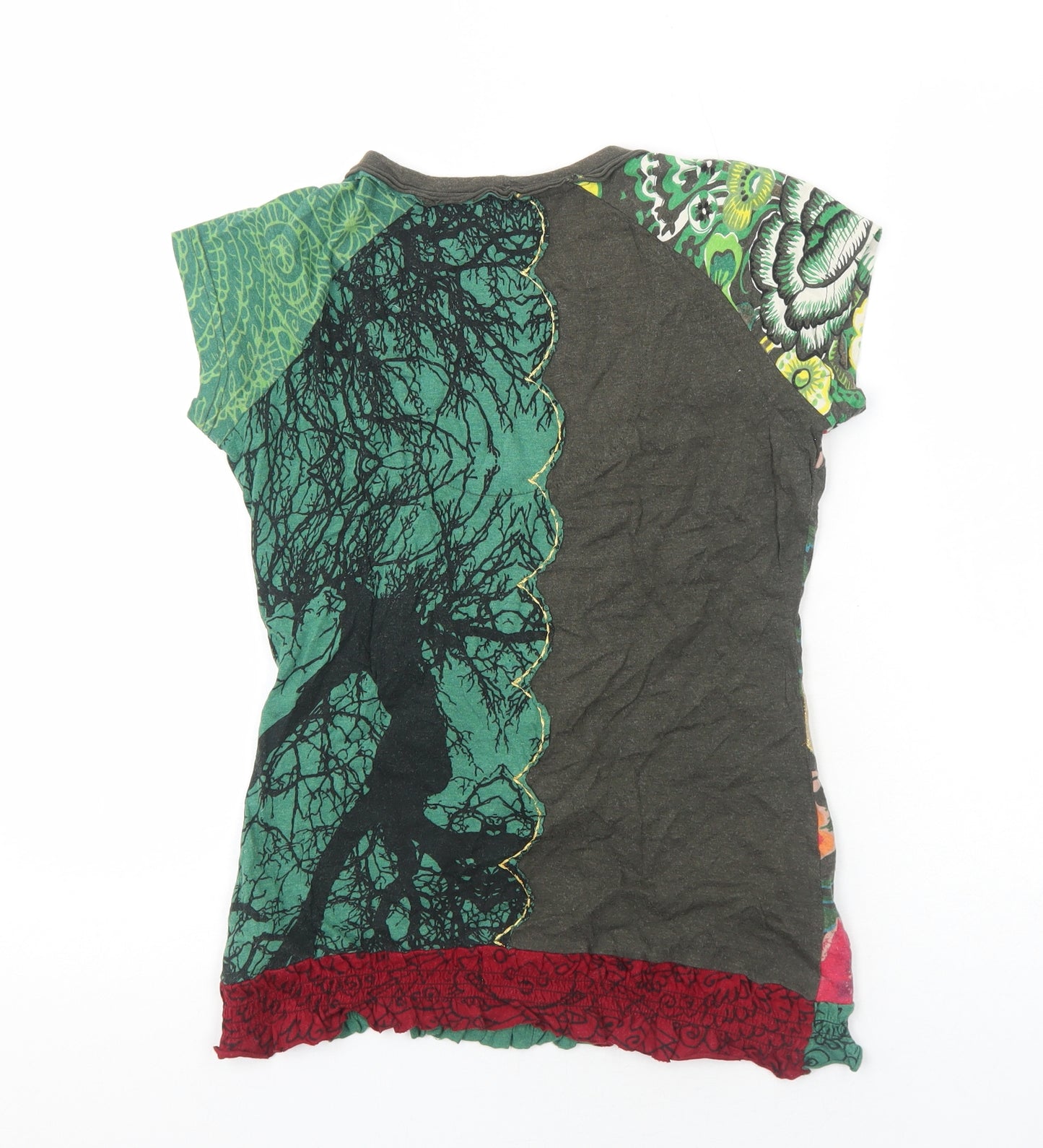 Desigual Womens Green Geometric Cotton Basic T-Shirt Size M Scoop Neck