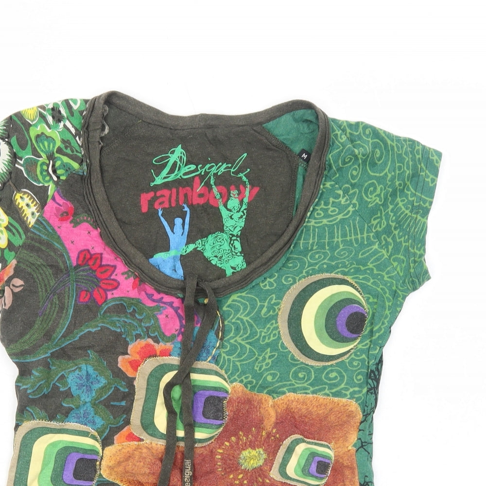 Desigual Womens Green Geometric Cotton Basic T-Shirt Size M Scoop Neck