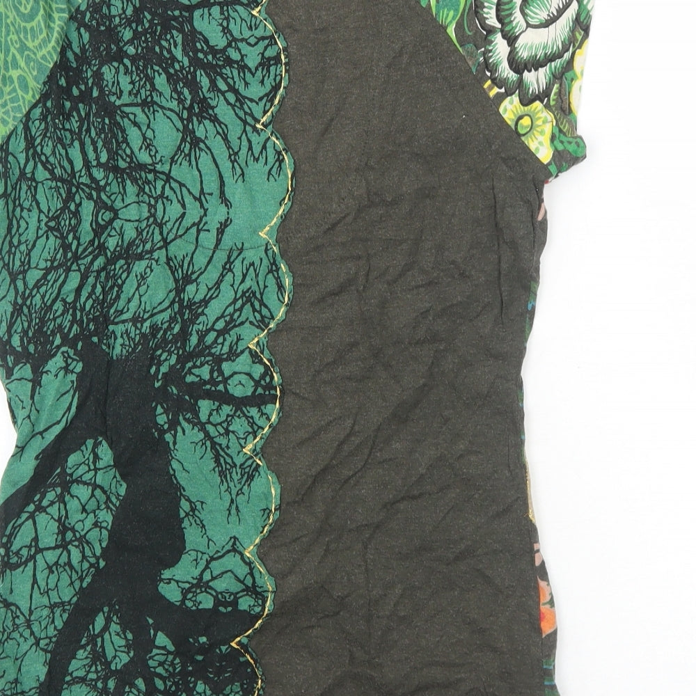 Desigual Womens Green Geometric Cotton Basic T-Shirt Size M Scoop Neck