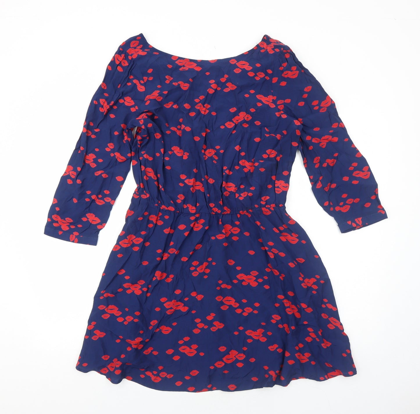Marks and Spencer Womens Blue Geometric Viscose Fit & Flare Size 14 Round Neck Pullover - Lips Pattern