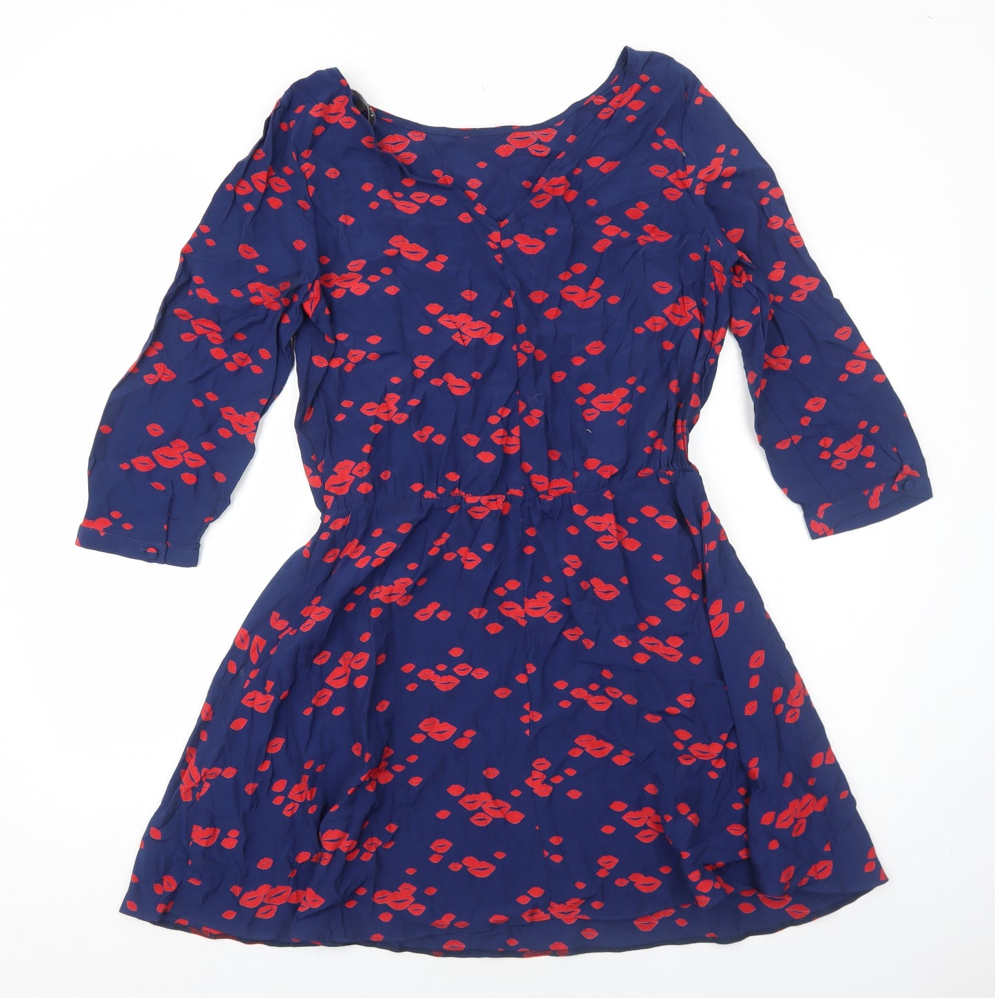 Marks and Spencer Womens Blue Geometric Viscose Fit & Flare Size 14 Round Neck Pullover - Lips Pattern