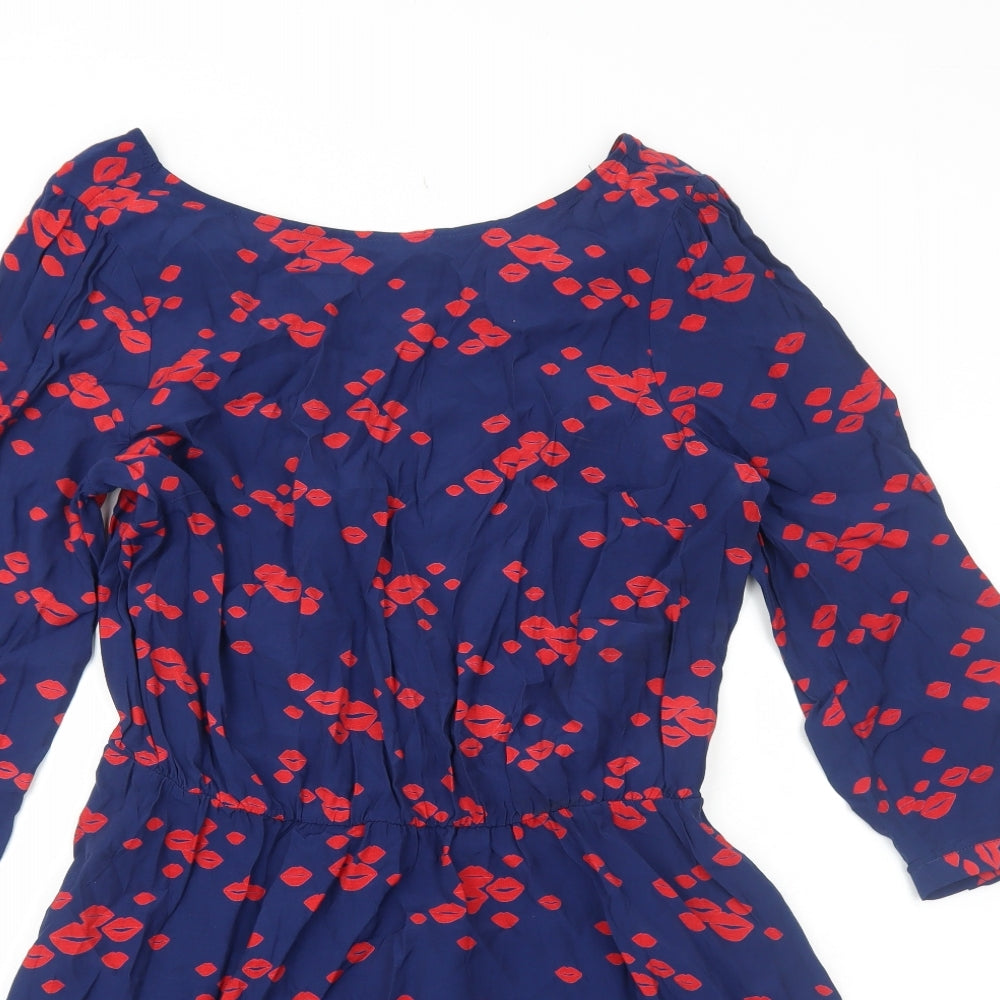 Marks and Spencer Womens Blue Geometric Viscose Fit & Flare Size 14 Round Neck Pullover - Lips Pattern