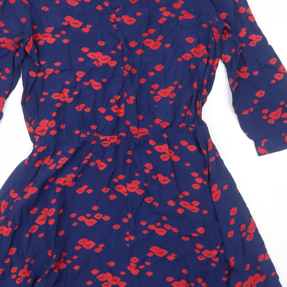 Marks and Spencer Womens Blue Geometric Viscose Fit & Flare Size 14 Round Neck Pullover - Lips Pattern