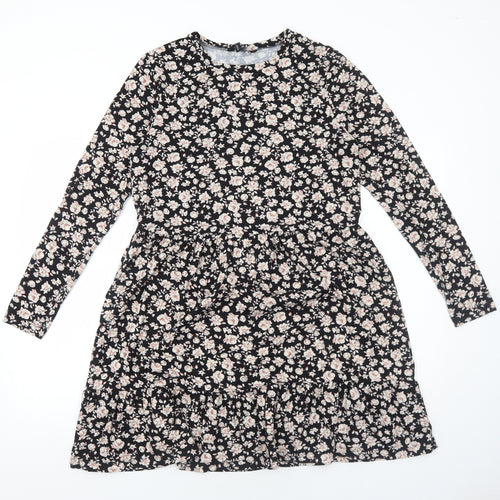 New Look Womens Black Floral Polyester Fit & Flare Size 14 Round Neck Pullover