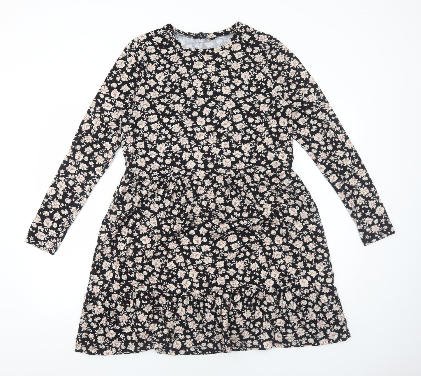 New Look Womens Black Floral Polyester Fit & Flare Size 14 Round Neck Pullover