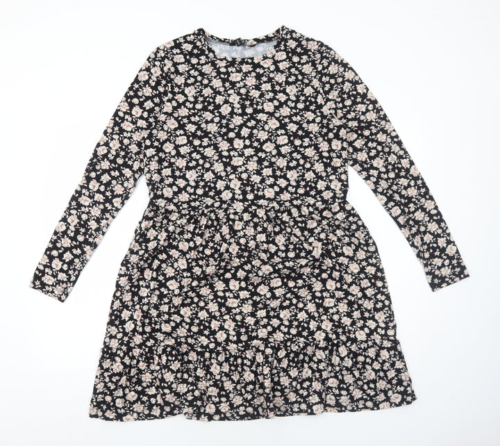 New Look Womens Black Floral Polyester Fit & Flare Size 14 Round Neck Pullover
