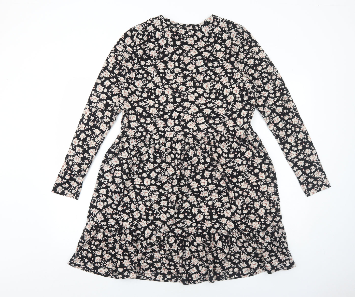 New Look Womens Black Floral Polyester Fit & Flare Size 14 Round Neck Pullover