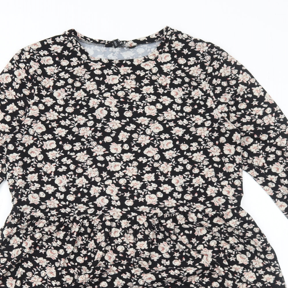 New Look Womens Black Floral Polyester Fit & Flare Size 14 Round Neck Pullover