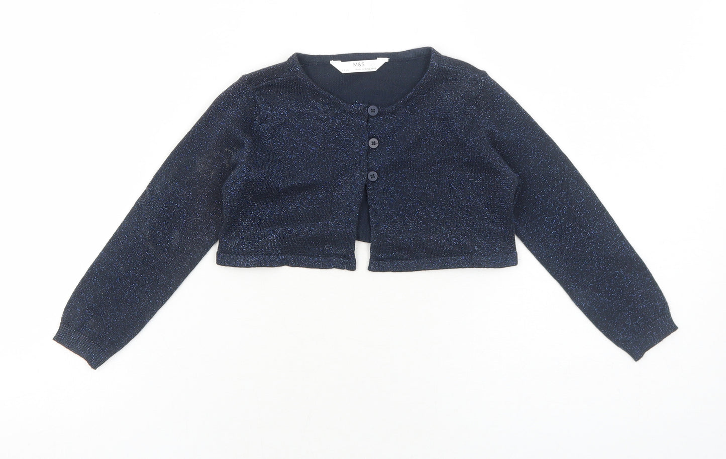 Marks and Spencer Girls Blue Round Neck Cotton Cardigan Jumper Size 2-3 Years Button