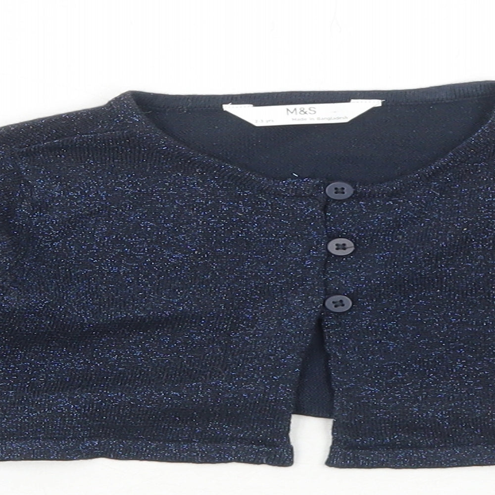 Marks and Spencer Girls Blue Round Neck Cotton Cardigan Jumper Size 2-3 Years Button