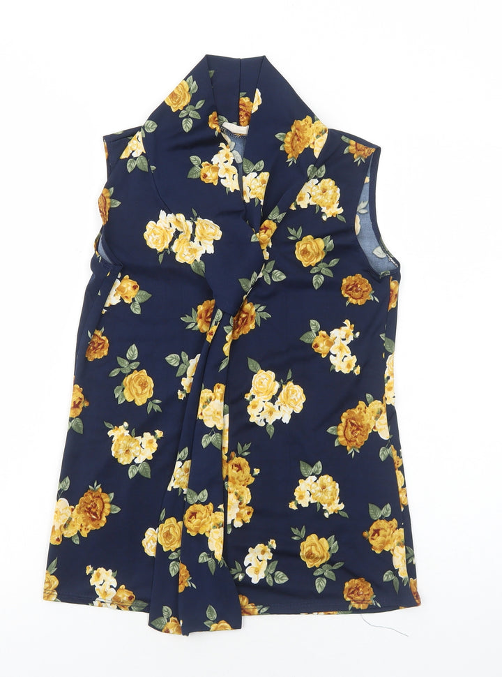 Prospect Womens Blue Floral Polyacrylate Fibre Basic Tank Size M V-Neck - Tie Neck Detail