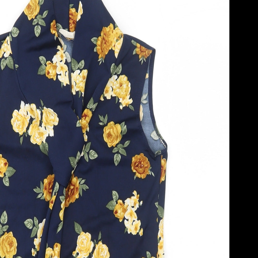 Prospect Womens Blue Floral Polyacrylate Fibre Basic Tank Size M V-Neck - Tie Neck Detail