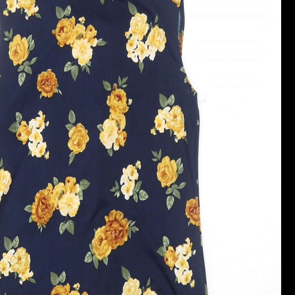 Prospect Womens Blue Floral Polyacrylate Fibre Basic Tank Size M V-Neck - Tie Neck Detail