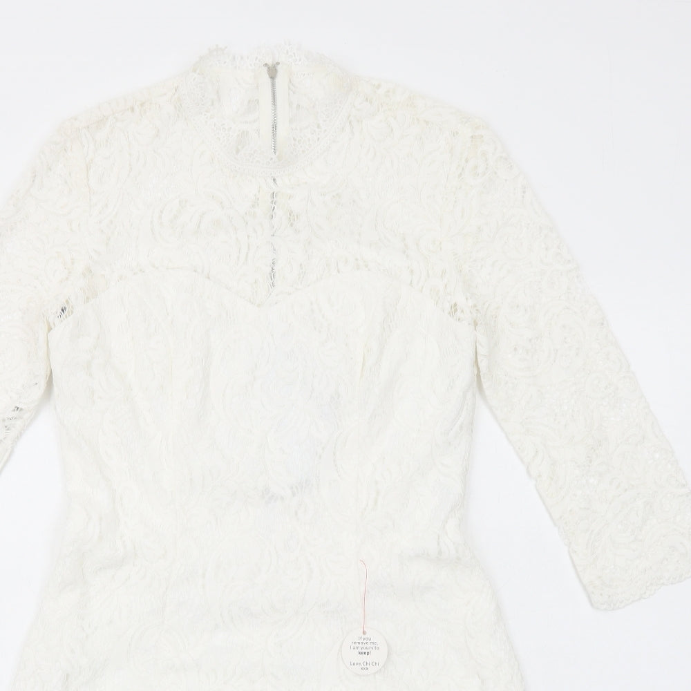 CHI CHI LONDON Womens White Polyester Fit & Flare Size 10 Mock Neck Zip