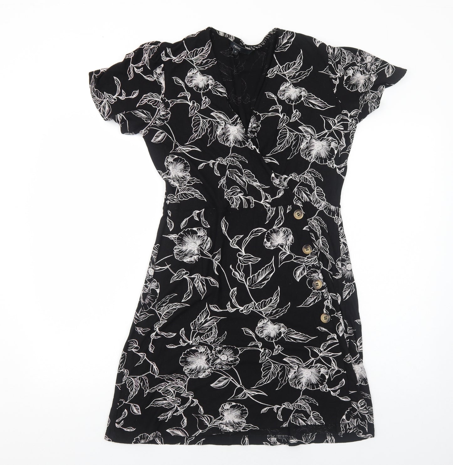 NEXT Womens Black Floral Viscose A-Line Size 14 V-Neck Pullover