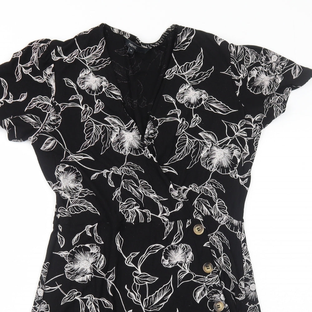 NEXT Womens Black Floral Viscose A-Line Size 14 V-Neck Pullover