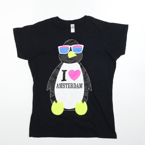 Gildan Womens Black Cotton Basic T-Shirt Size L Round Neck - I Heart Amsterdam Penguin