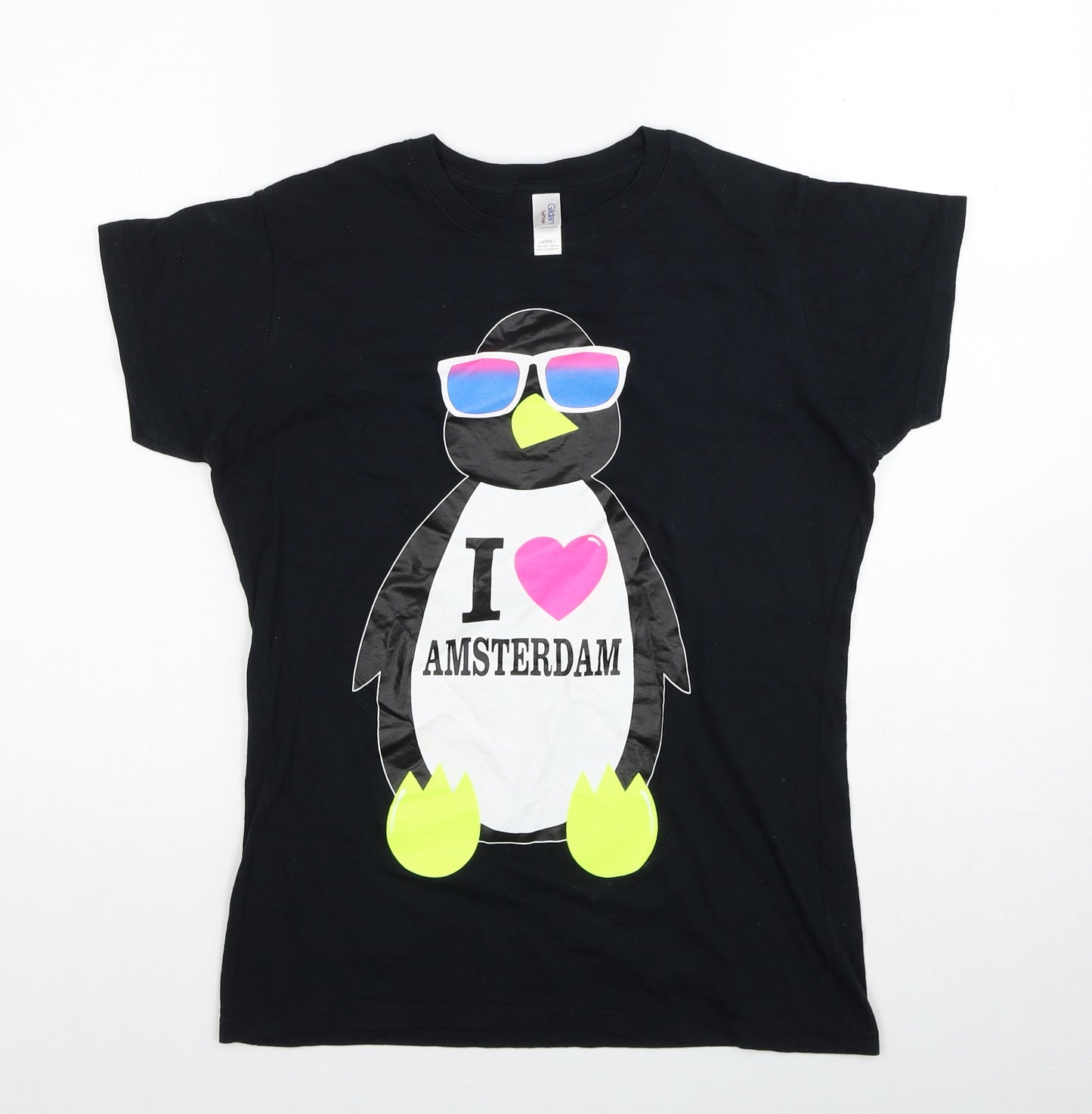 Gildan Womens Black Cotton Basic T-Shirt Size L Round Neck - I Heart Amsterdam Penguin