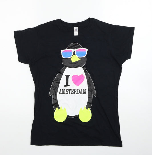 Front view of Gildan women’s black cotton basic t-shirt, size L, round neck - i heart amsterdam penguin