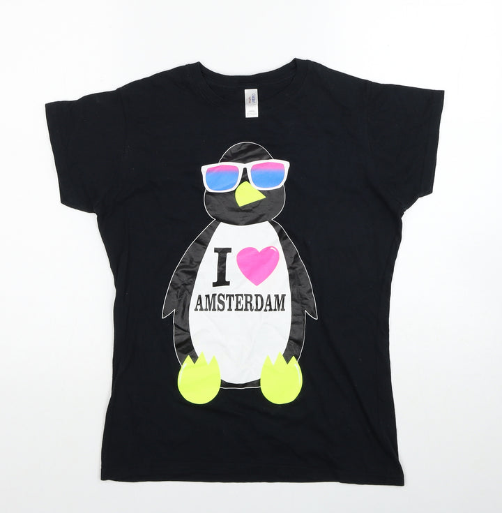 Gildan Womens Black Cotton Basic T-Shirt Size L Round Neck - I Heart Amsterdam Penguin