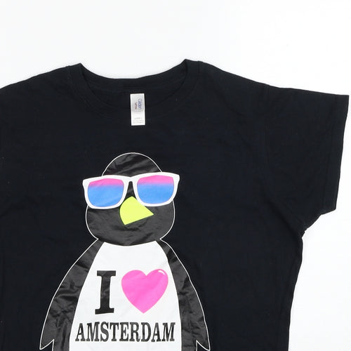 Gildan Womens Black Cotton Basic T-Shirt Size L Round Neck - I Heart Amsterdam Penguin