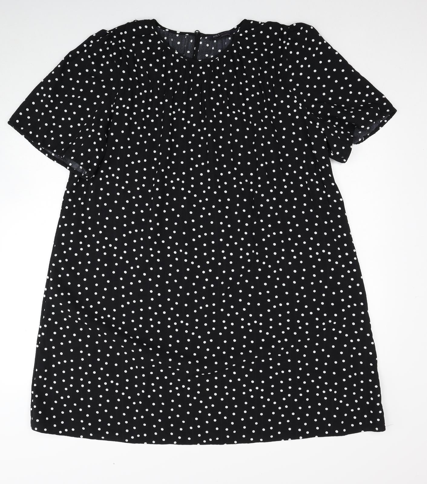 Marks and Spencer Womens Black Polka Dot Polyester A-Line Size 16 Round Neck Button